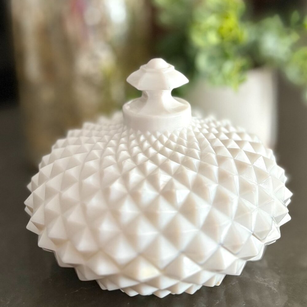 Vintage Westmoreland Milk Glass Diamond Point Sawtooth Lidded Candy Dish